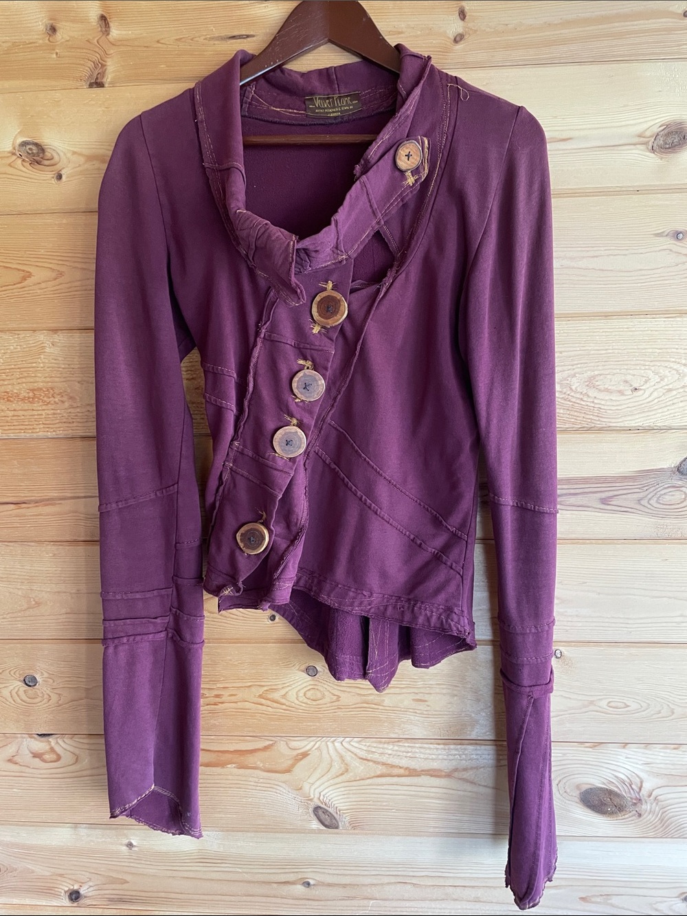 Handmade Bamboo Fleece Plum Asymmetrical handmade Wooden Button-Front Jacket